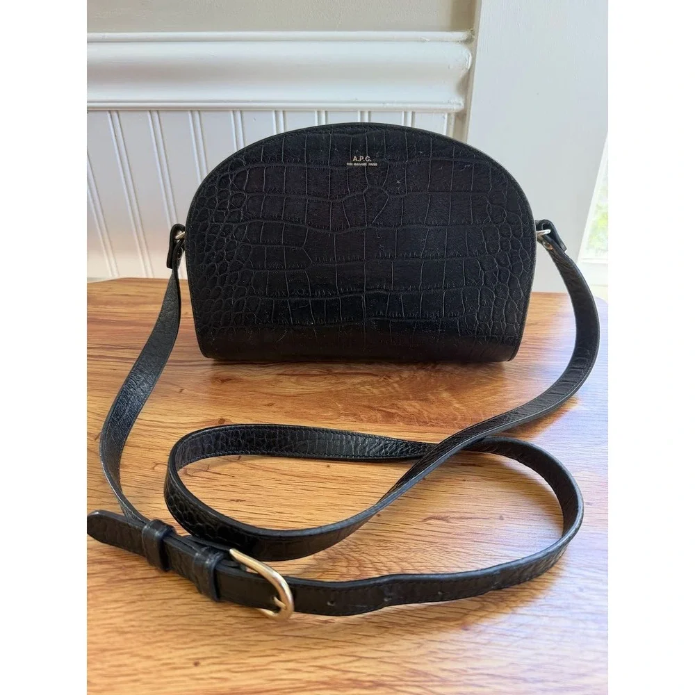 A.P.C. Demi-Lune Bag Black Croc Embossed Leather Half Moon Crossbody OS